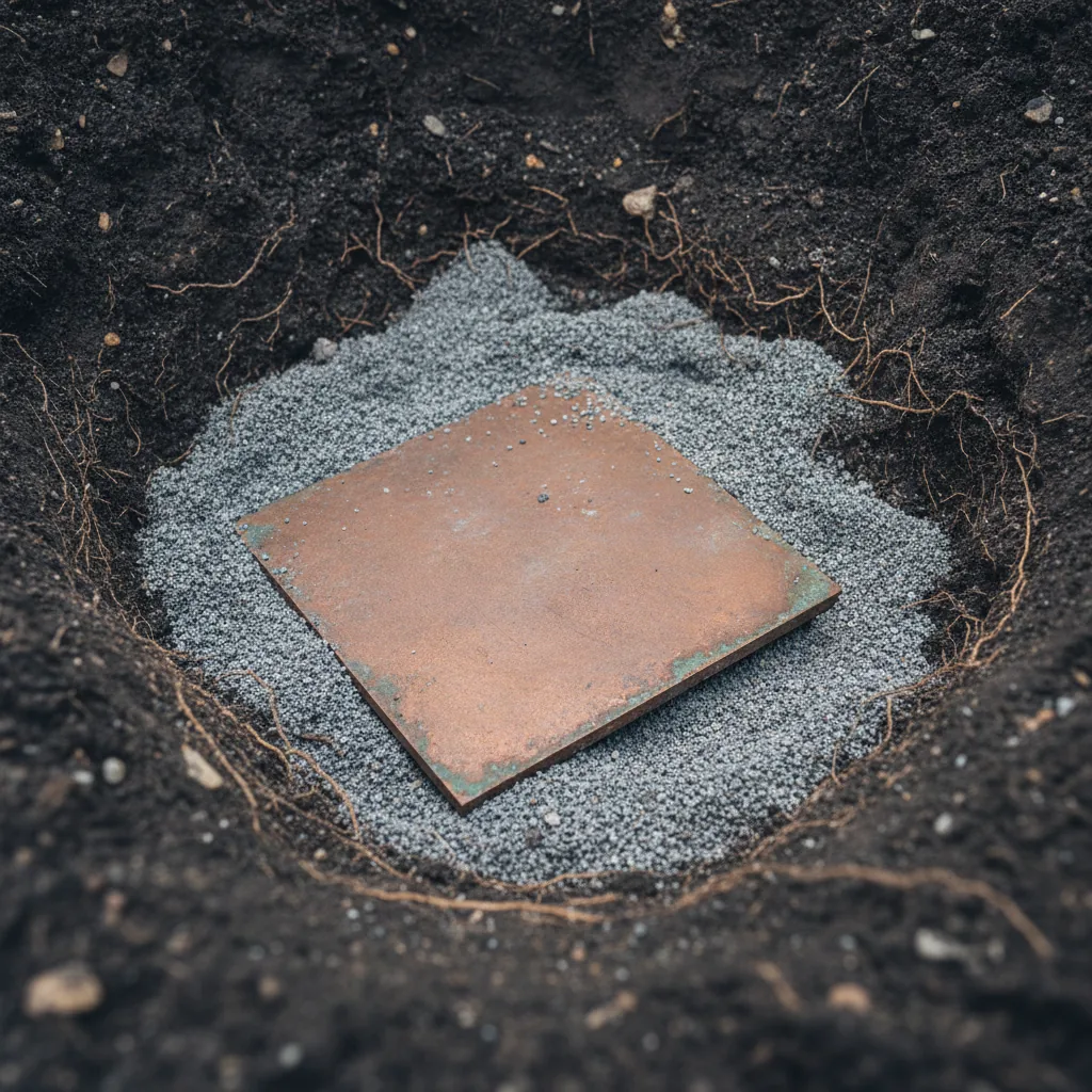 Copper earthing plate buried in soil