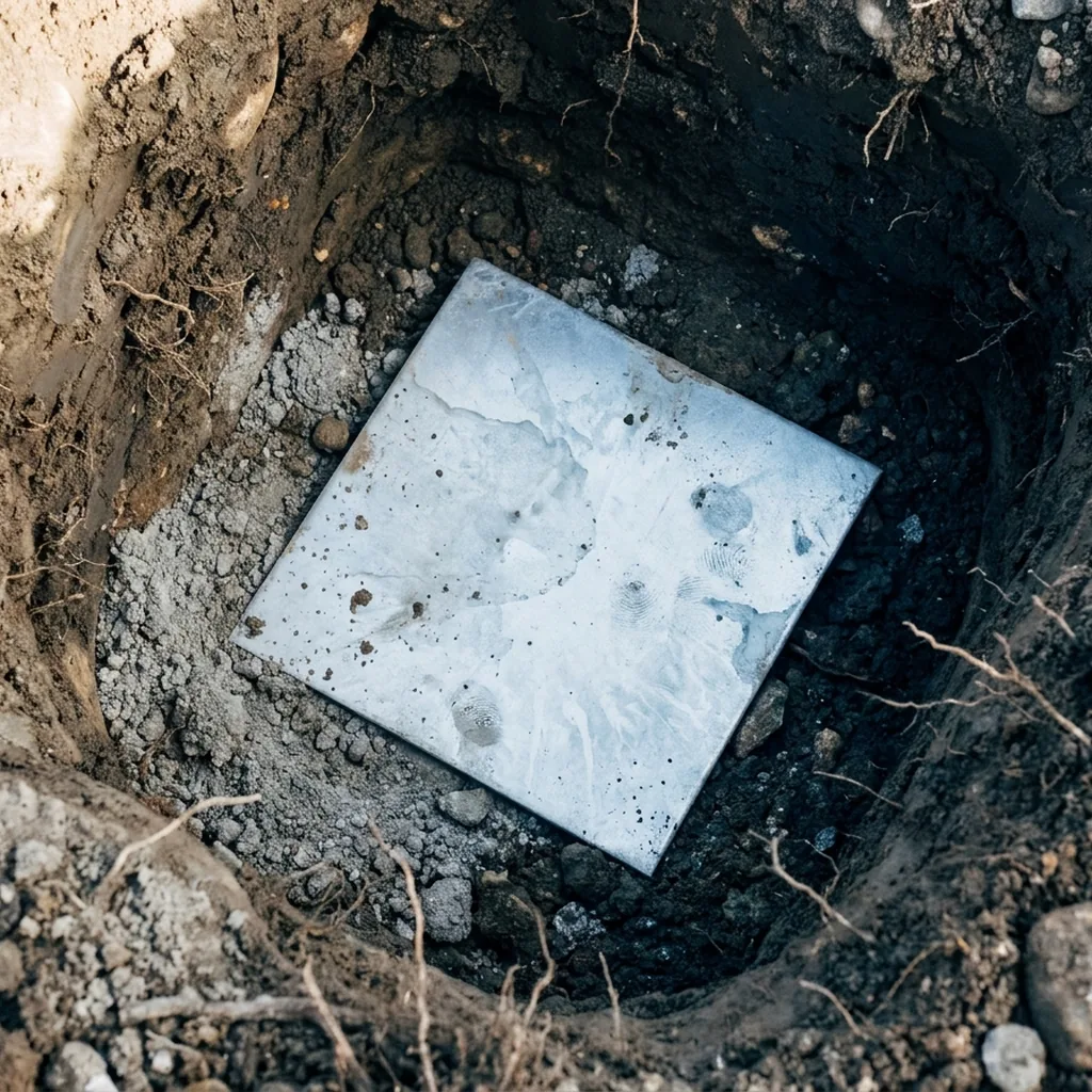 Galvanized iron earthing plate buried in an earth pit with salt and charcoal backfill
