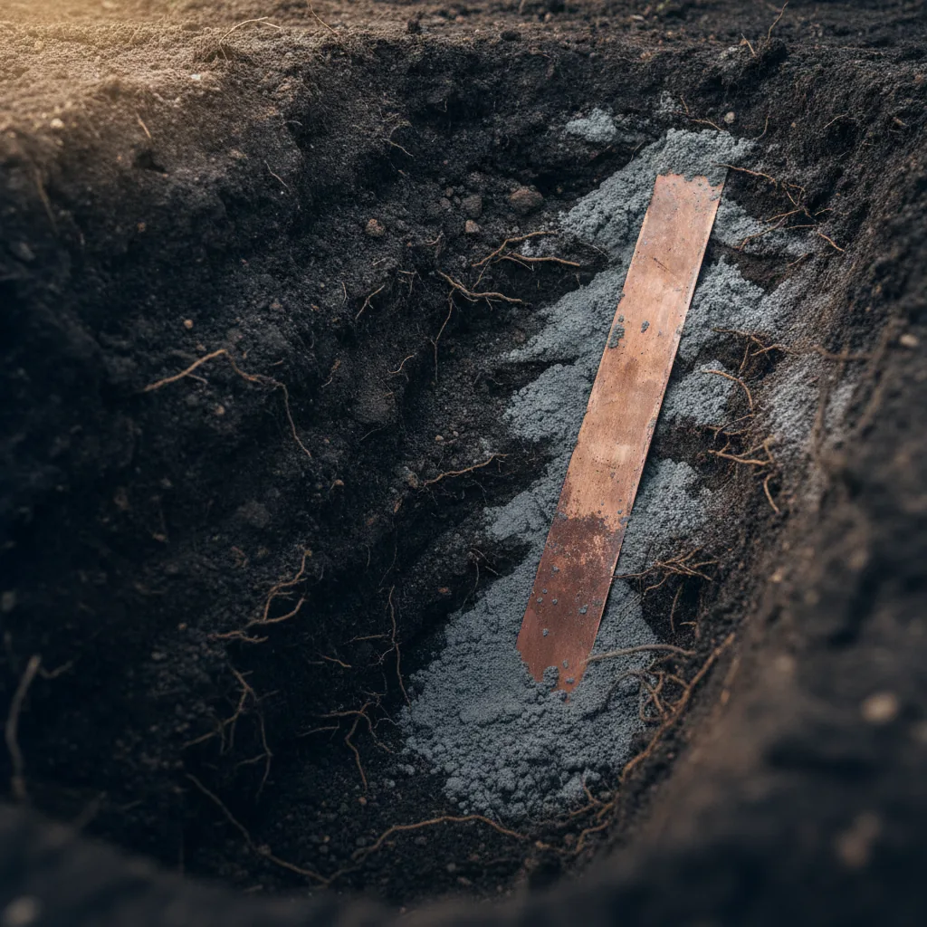 Copper earthing strip installed through layered soil